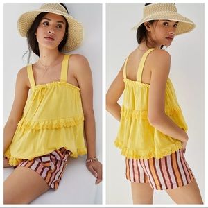 Anthropologie Tiered Eyelet Top Ruffle Yellow Fairy Cottagecore Ruffled …
